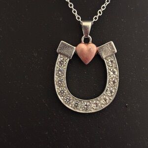 Silver-Tone Crystal Horseshoe Necklace with Rose Gold Heart